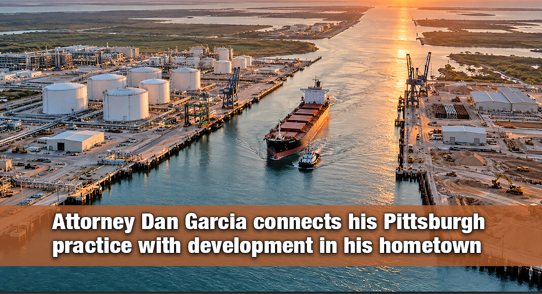 AI-generated illustration depicting coastal port infrastructure, energy facilities, and construction inspired by Cameron County’s economic development. This conceptual scene does not depict actual project sites.