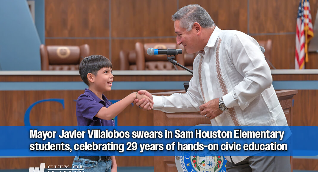 The next generation of community leaders took an official step into public service today as Mayor Javier Villalobos swore in Houstonville’s 29th mayor and student officials during a special ceremony at McAllen City Hall. Students from Sam Houston Elementary School had the opportunity to experience local government firsthand while learning about leadership, civic responsibility and public service. Image courtesy of the City of McAllen